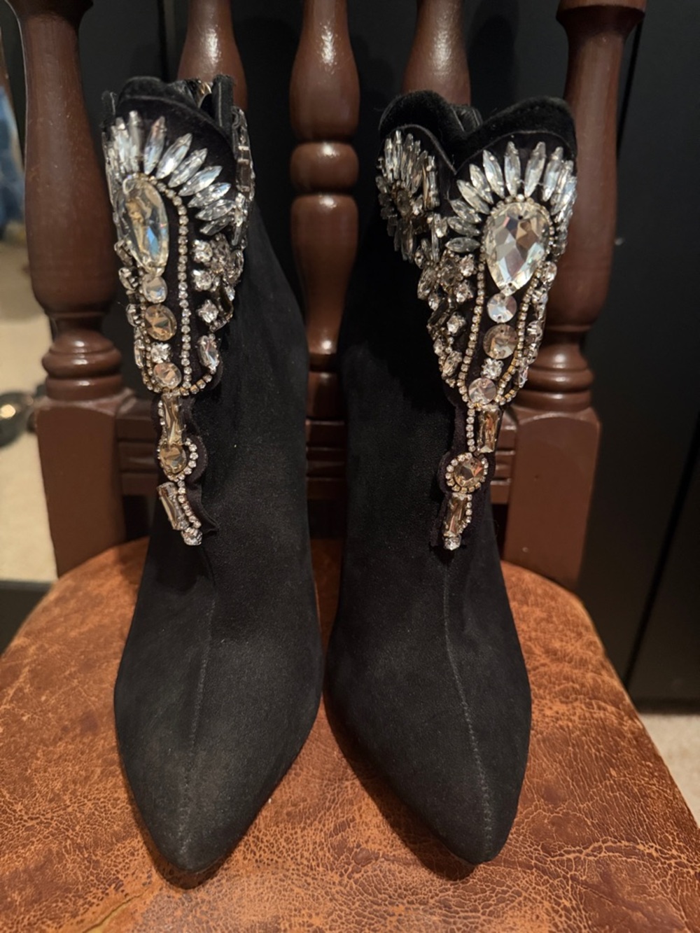 Black Embellished Pointed Toe Women's Ankle Boots